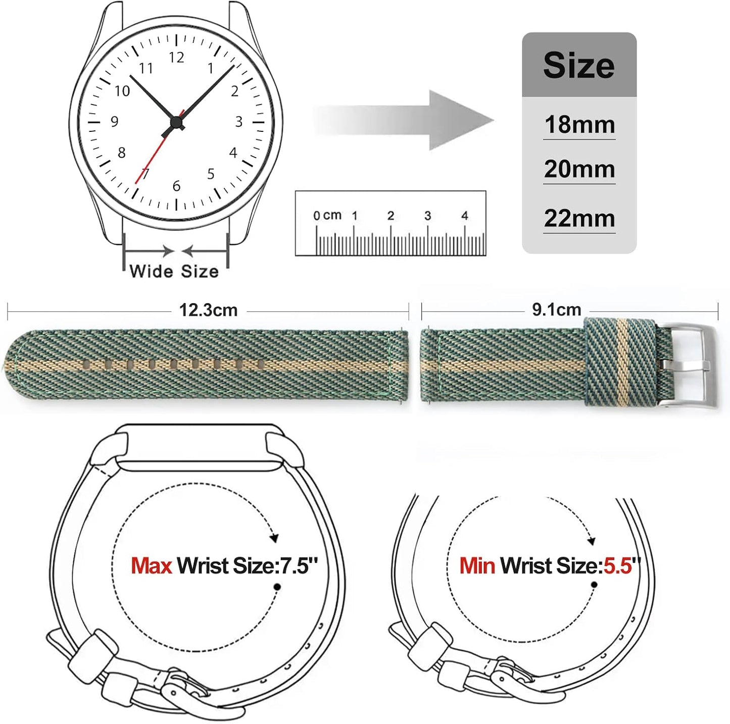 HOTTACTICAL FROG 18 mm 20 mm 22 mm Fast Release Nylon Watch band with Stainless Steel Buckle, Two-Piece Waterproof Nylon Watch Strap for Men and Women
