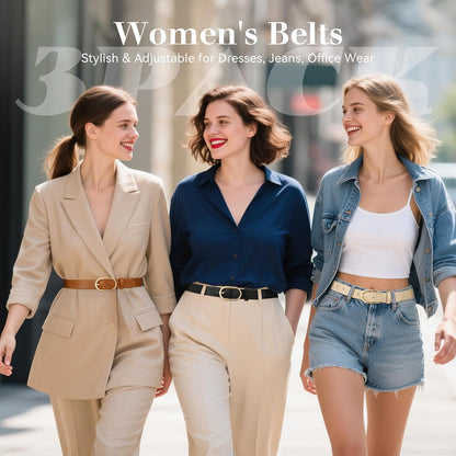 HOTVONMELLI 3 Pack Women's Belts for Jeans Pants Fashion Gold Buckle Ladies Dress Belt