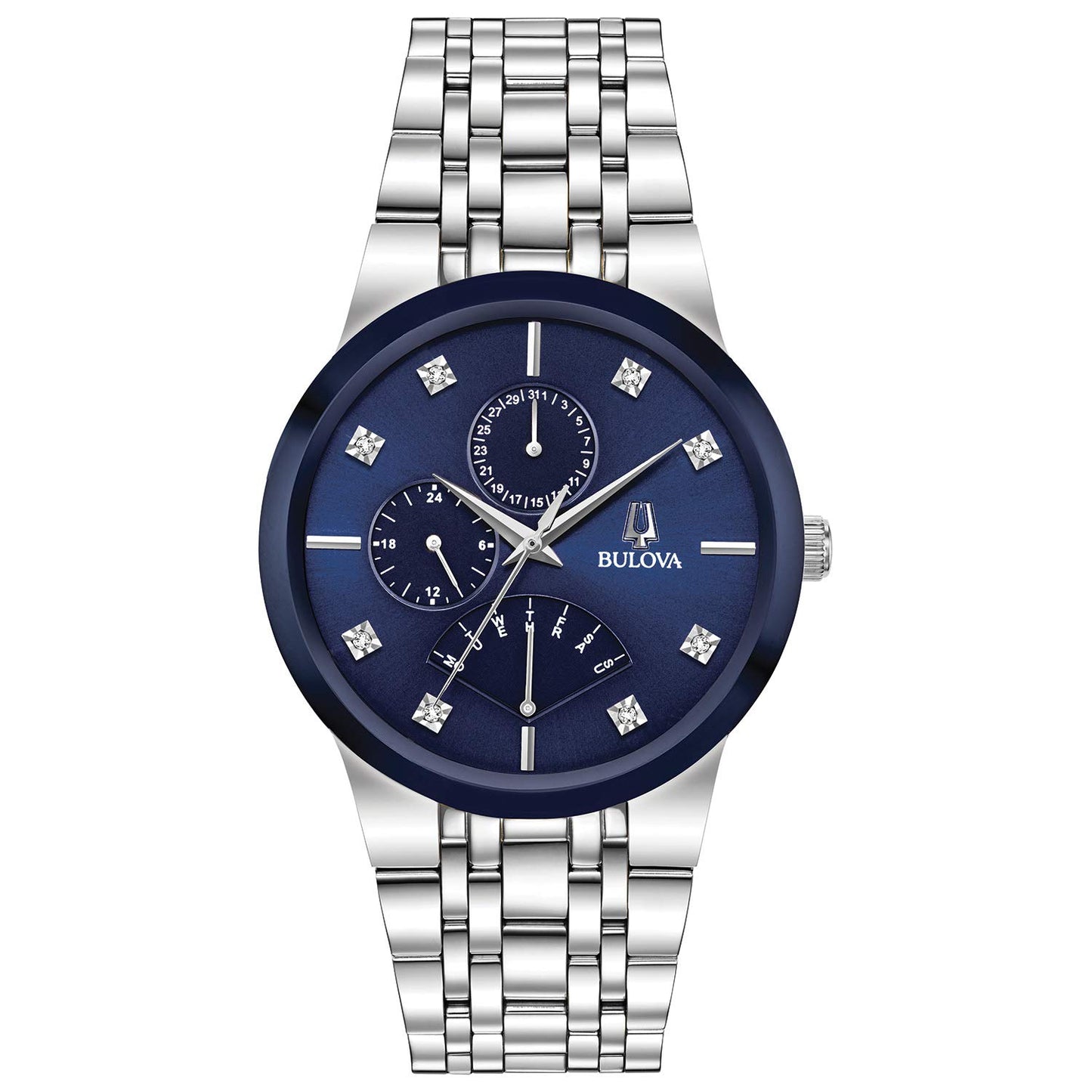 HOTBulova Men's Multi-Function 3-Hand Quartz Watch with Diamond Dial, Edge to Edge Crystal