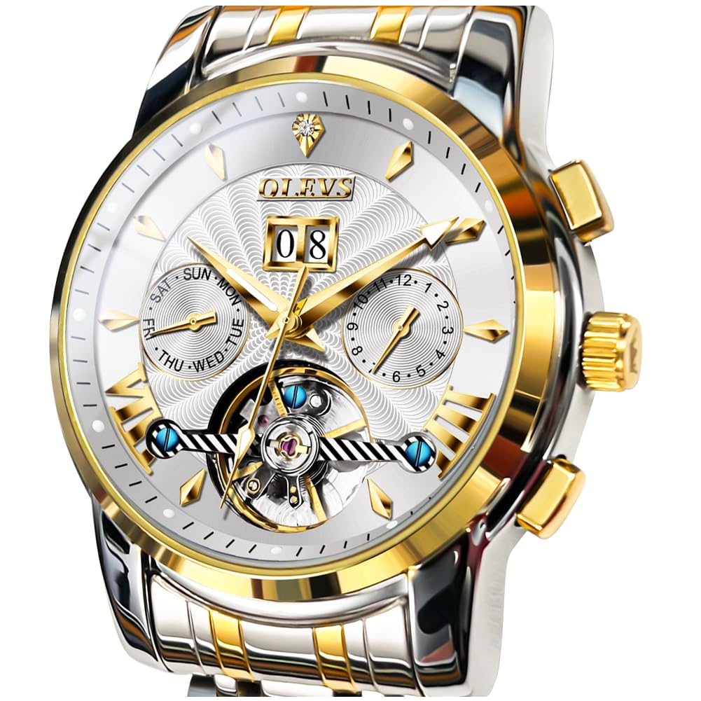 HOTOLEVS Self Winding Watches for Men Automatic Mechanical Dress Tourbillon Stainless Steel Dual Calendar Waterproof Luminous Wrist Watch