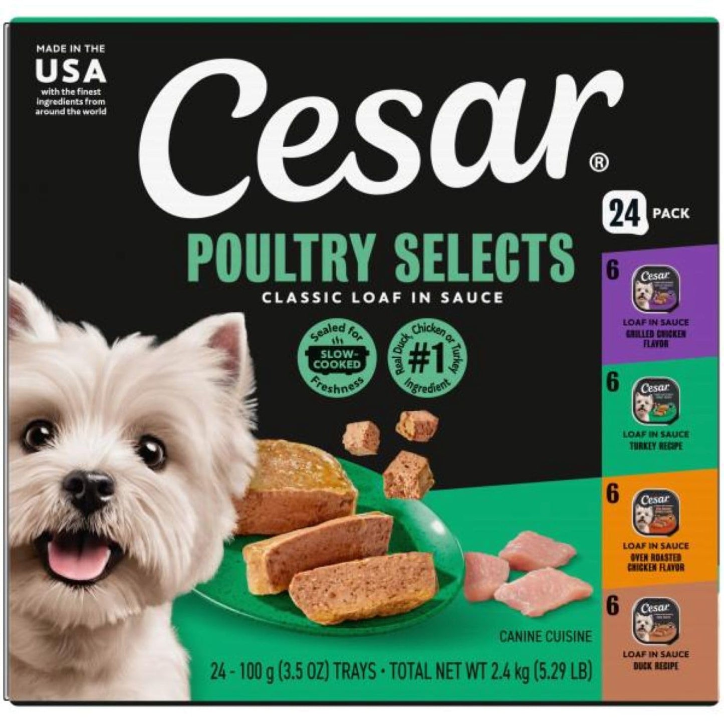 HOTCesar Classic Loaf in Sauce Wet Dog Food, Meaty Selects, 3.5 oz, 24 Count | Made in USA, Real beef or chicken #1 ingredient, no fillers or artificial flavors, slow-cooked, easy peel trays