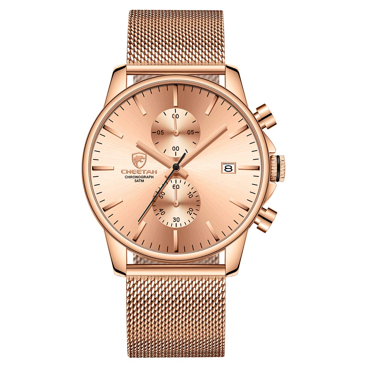HOTGOLDEN HOUR Mens Watch Fashion Sleek Minimalist Quartz Analog Mesh Stainless Steel Waterproof Chronograph Watches for Men with Auto Date