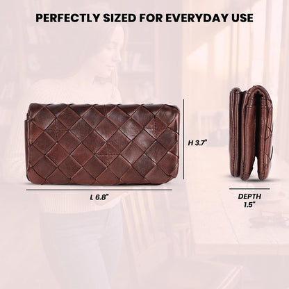 HOTGenuine Leather Wallets for Women, Small Wallet, Brown | Woven Leather Clutch Organizer, Zipper Coin Purse, Credit Card Holder with Strap, Multi Card Slots, Ladies, VL-167-BROWN