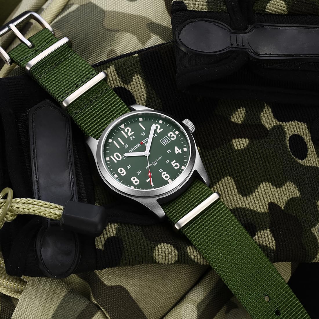 HOTGOLDEN HOUR Men's Nylon Slip-Thru Strap Watch with Military Time Easy Read Dial Glowing Hands