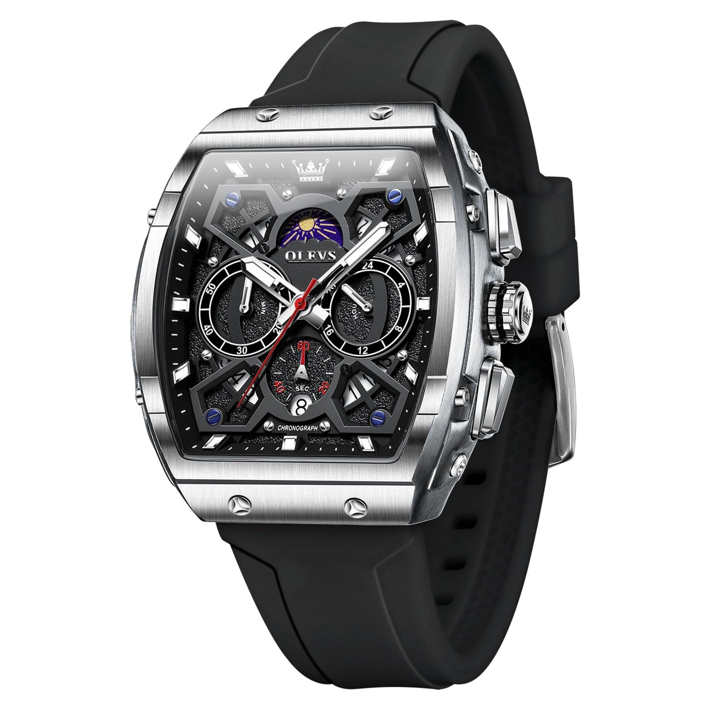 HOTOLEVS Tonneau Square Mens Watches, Fashion Large Face Silicone Band Watches for Men, Multifunctional Chronograph Quartz Men Waterproof Watch