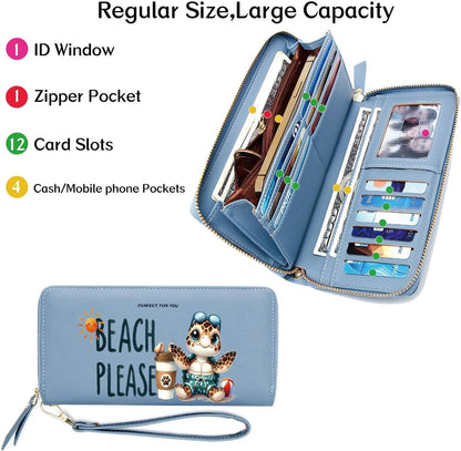 HOTKUKOO Cartoon Turtle Long Wallet for Women - RFID Blocking with Multi Card Slots, Large Capacity Wristlet Travel Purse, Cash Clutch Billfold with Zipper Coin Pocket, Gift for Ladies & Girls