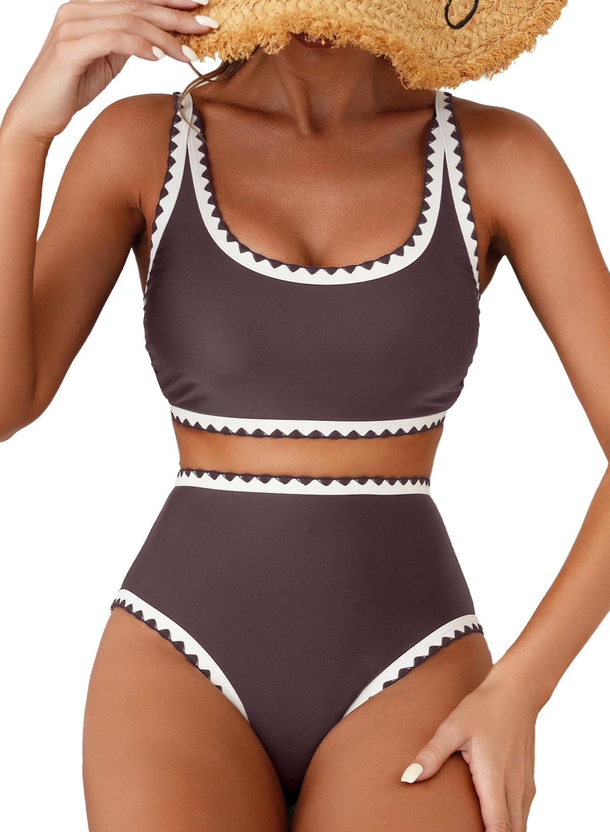 HOTHerseas Women's Bikini Sets Floral Print Whip Stitch 2 Piece Swimsuits High Waisted Scoop Bathing Suits