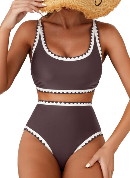 HOTHerseas Women's Bikini Sets Floral Print Whip Stitch 2 Piece Swimsuits High Waisted Scoop Bathing Suits