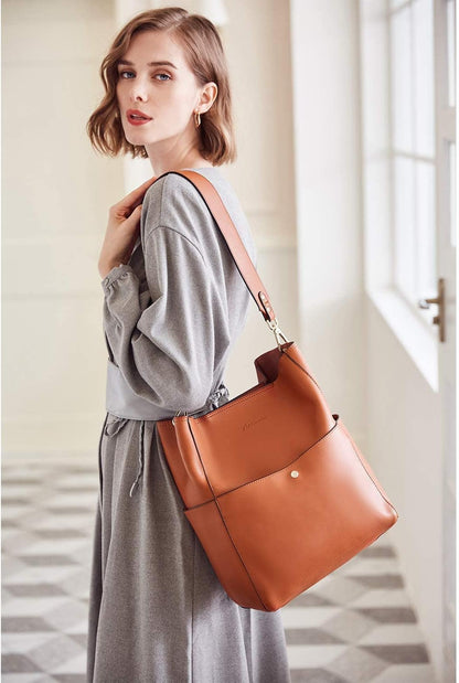 HOTBOSTANTEN Women's Leather Designer Handbags Tote Purses Shoulder Bucket Bags and Leather Wallet RFID Blocking Small Bifold Zipper Pocket Wallet Card Case Brown Bundle
