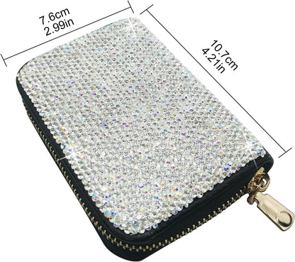 HOTBling Credit Card Case RFID Leather Wallet Multilayer Zipper Case Rhinestone Credit Card Holder Women's Small Credit Card Wallet (Silver)