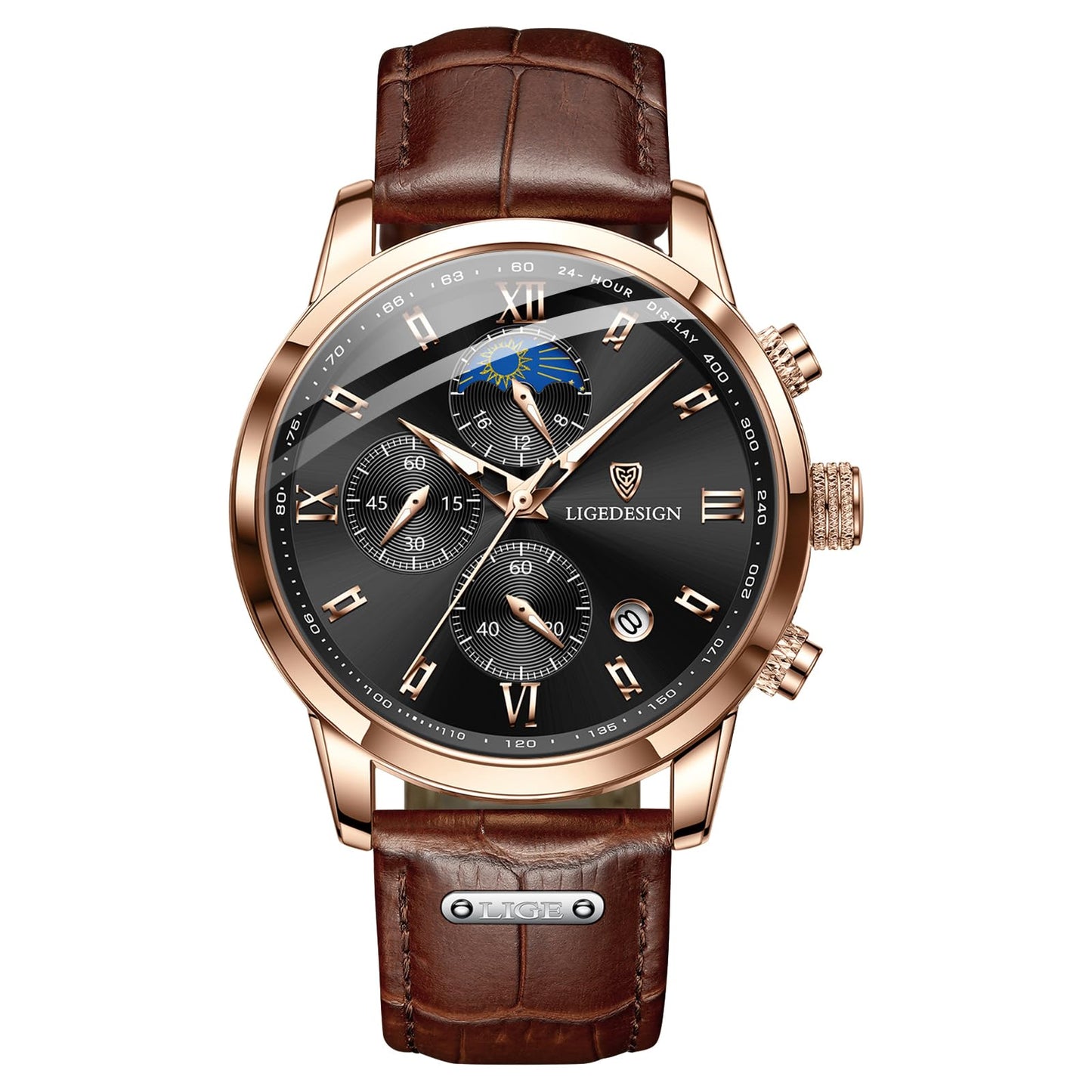 HOTLIGE Chronograph Watch for Men Wrist Leather Analog Dress Waterproof Vintage Work Casual Unique Retro Quartz Date Moon Phase Display Luminous 3ATM Water Resistant Mens Watches