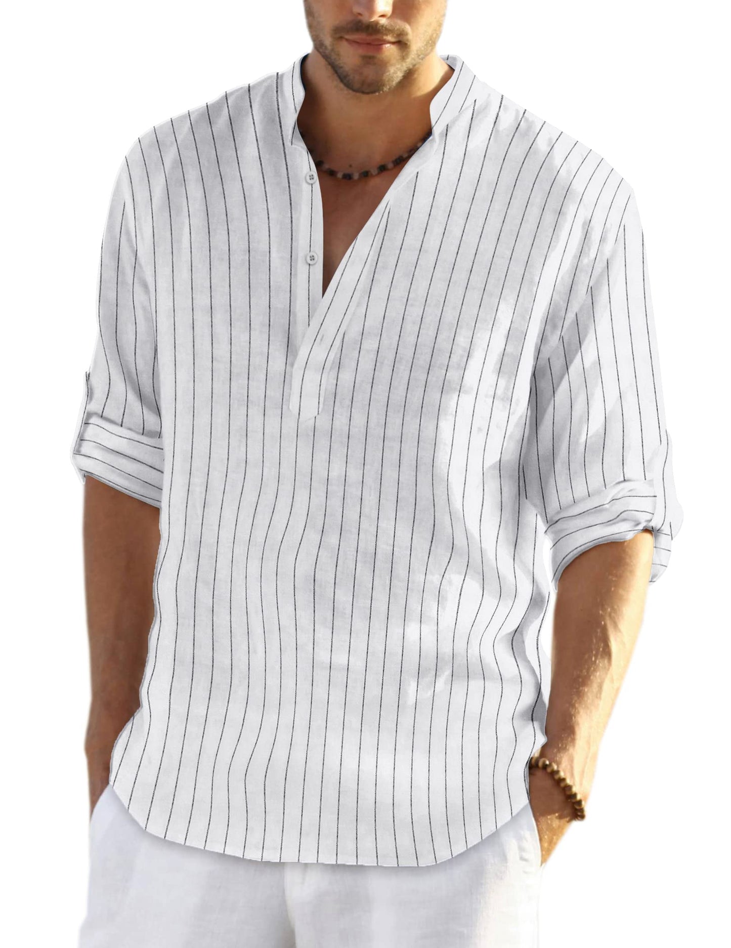 HOTCOOFANDY Men's Cotton Linen Henley T-Shirt Long Sleeve Hippie Casual Beach T-Shirts