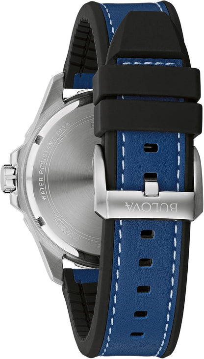 HOTBulova Men's Marine Star Quartz Silver Stainless Steel Watch, Leather and Silicone Strap, 100M Water Resistant, 43mm