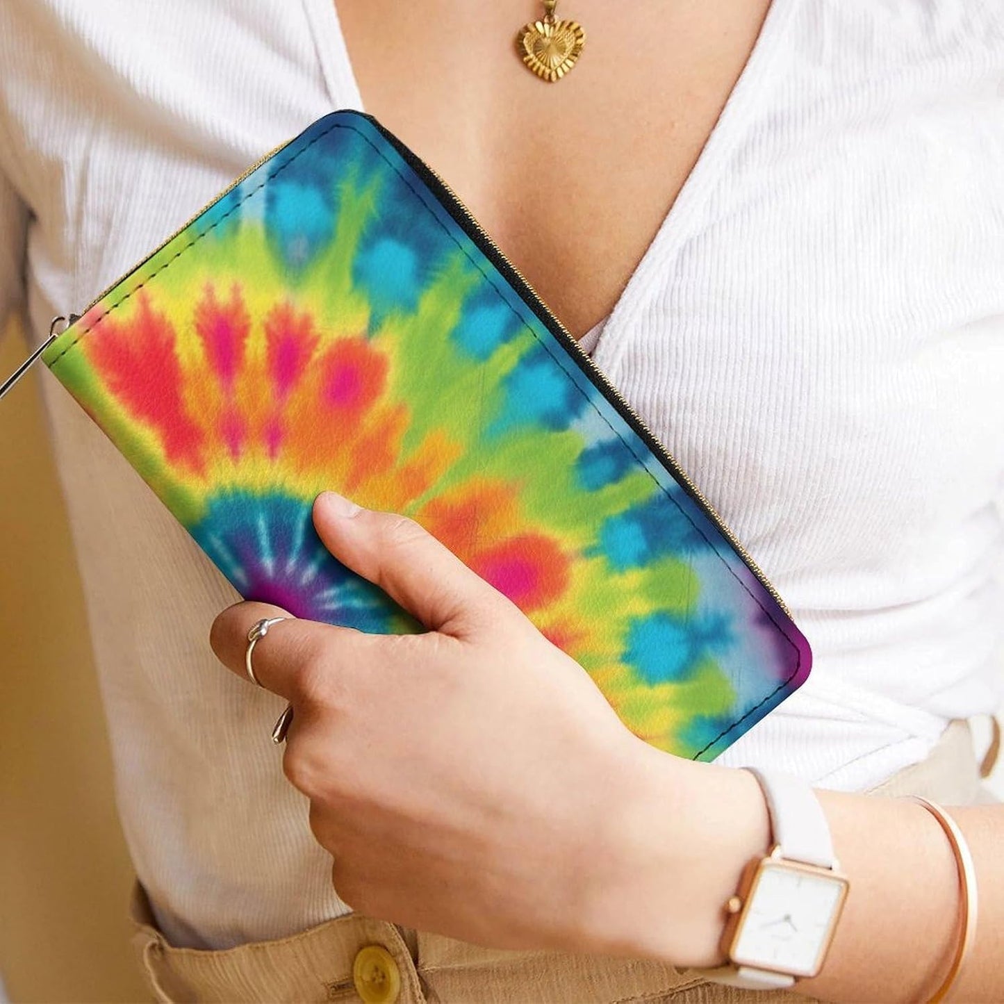 HOTTie Dye Rainbow Print Long Wallet for Women Men PU Leather Card Holder Organizer with Zipper Coin Pocket & Cash Slots