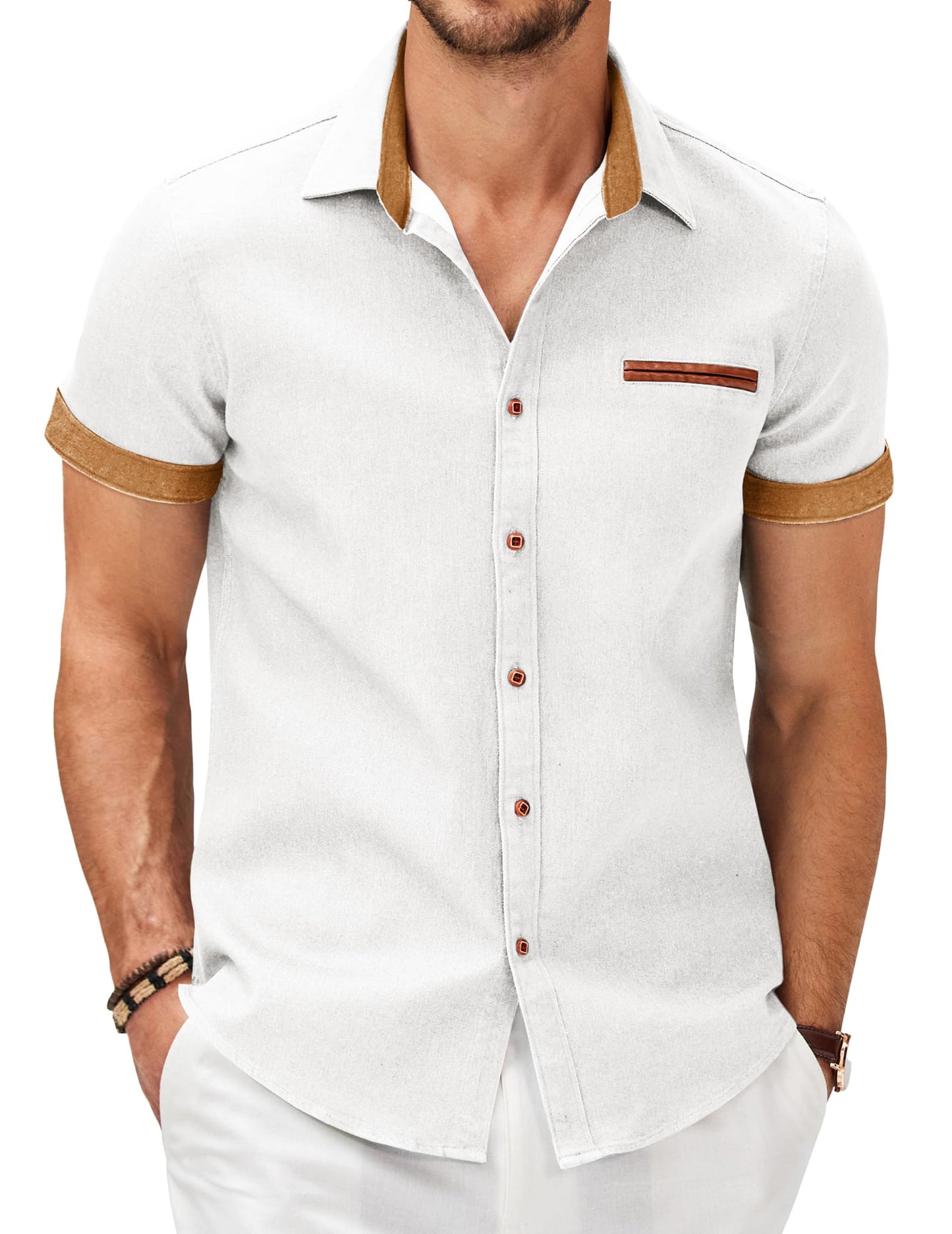 HOTCOOFANDY Men's Cotton Casual Short Sleeve Button Down Shirt Plaid Collar Denim Work Shirts
