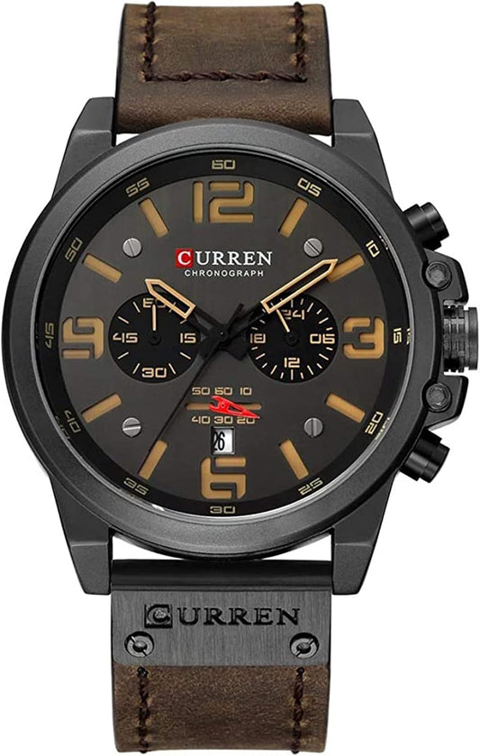 HOTFANMIS Mens Sport Military Analog Quartz Watch Classic Chronograph Sandwich Dial Business Dress Waterproof Watch Multifunctional Wristwatch with Leather Strap