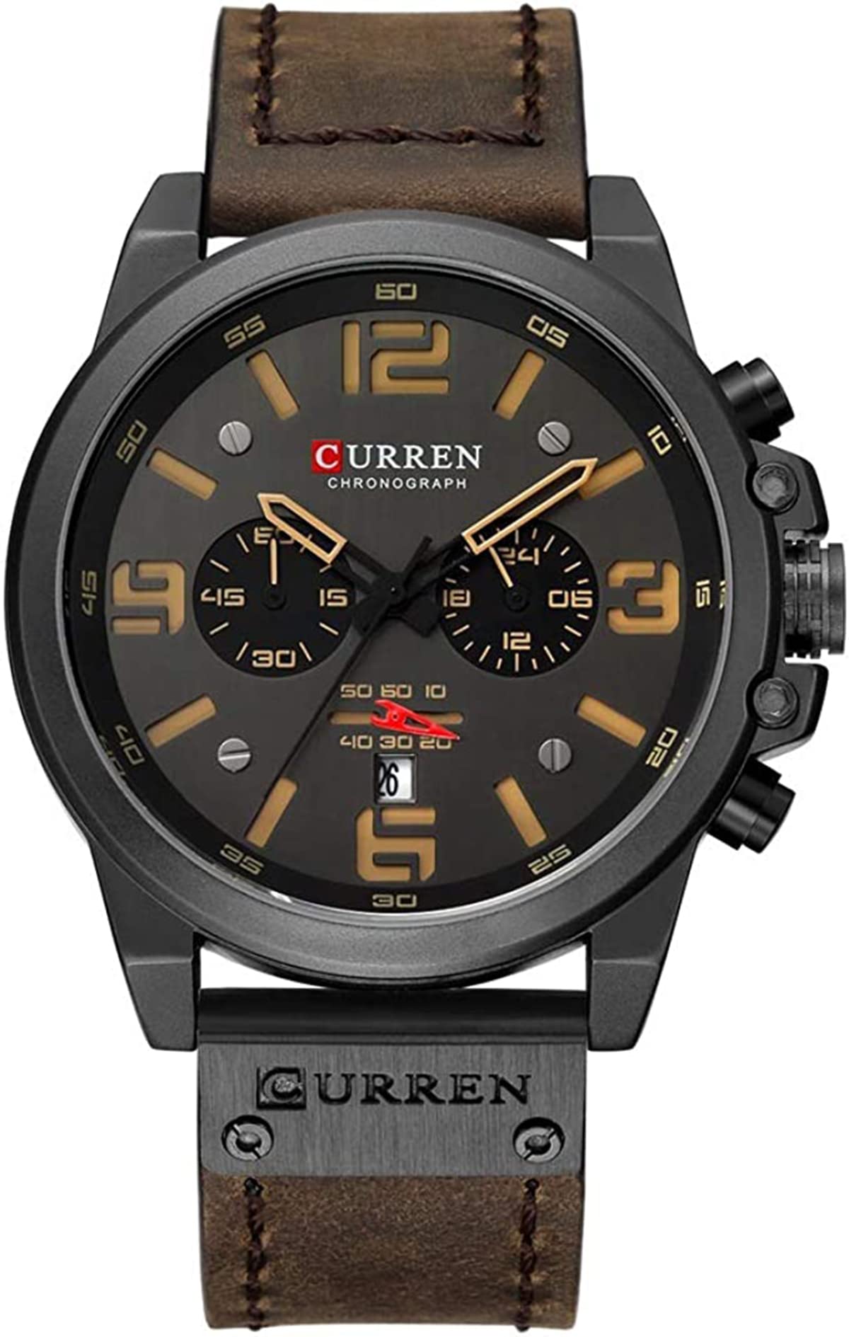 HOTFANMIS Mens Sport Military Analog Quartz Watch Classic Chronograph Sandwich Dial Business Dress Waterproof Watch Multifunctional Wristwatch with Leather Strap