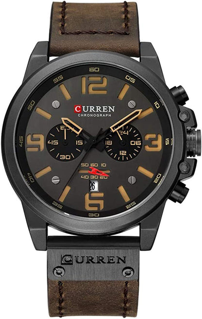 HOTFANMIS Mens Sport Military Analog Quartz Watch Classic Chronograph Sandwich Dial Business Dress Waterproof Watch Multifunctional Wristwatch with Leather Strap
