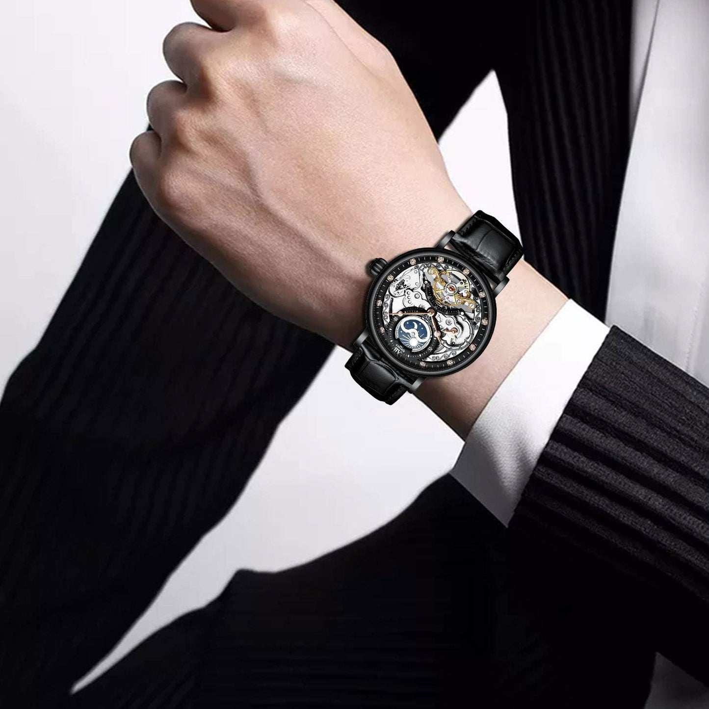 HOTIK COLOURING Bestn Mens Luxury Skeleton Automatic Mechanical Wrist Watches Leather Moon Phrase Luminous Hands Self-Wind Watch