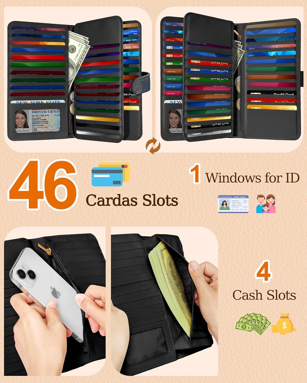 HOTBistup 46 Slots Credit Card Holder Wallet for Women, Hena | Large Capacity Organizer, Leather, RFID Blocking, ID Window, 7 Cash Slots, Snap Closure, Cute Prints, Daily Carry