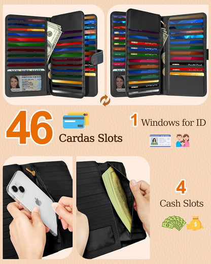 HOTBistup 46 Slots Credit Card Holder Wallet for Women, Hena | Large Capacity Organizer, Leather, RFID Blocking, ID Window, 7 Cash Slots, Snap Closure, Cute Prints, Daily Carry