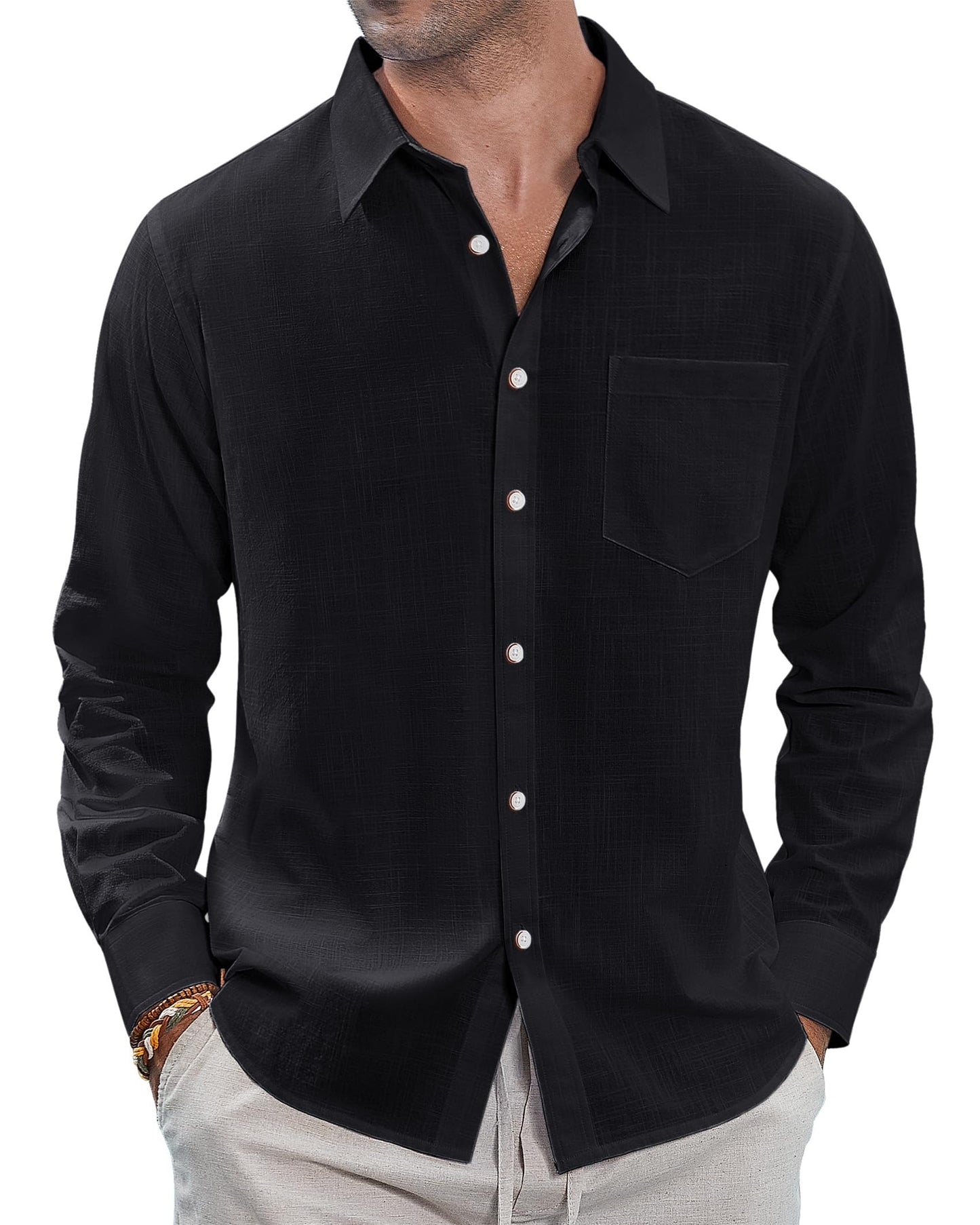 HOTJ.VER Men's Linen Shirts Casual Button Down Long Sleeve Shirt Solid Spread Collar Summer Beach Shirts with Pocket