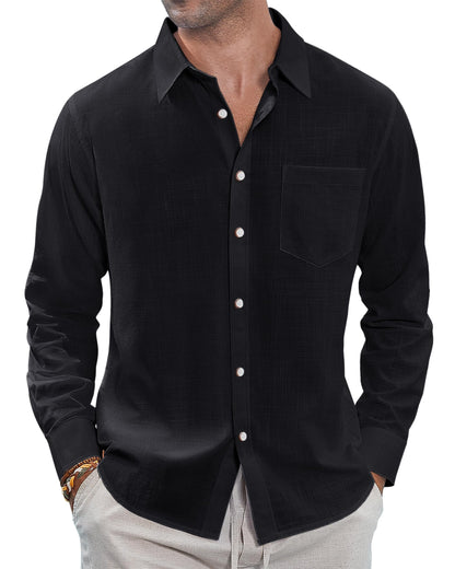 HOTJ.VER Men's Linen Shirts Casual Button Down Long Sleeve Shirt Solid Spread Collar Summer Beach Shirts with Pocket