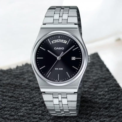 HOTCasio MTP-B146D-1AV Men's Vintage Stainless Steel Black Dial Day Date Analog Watch