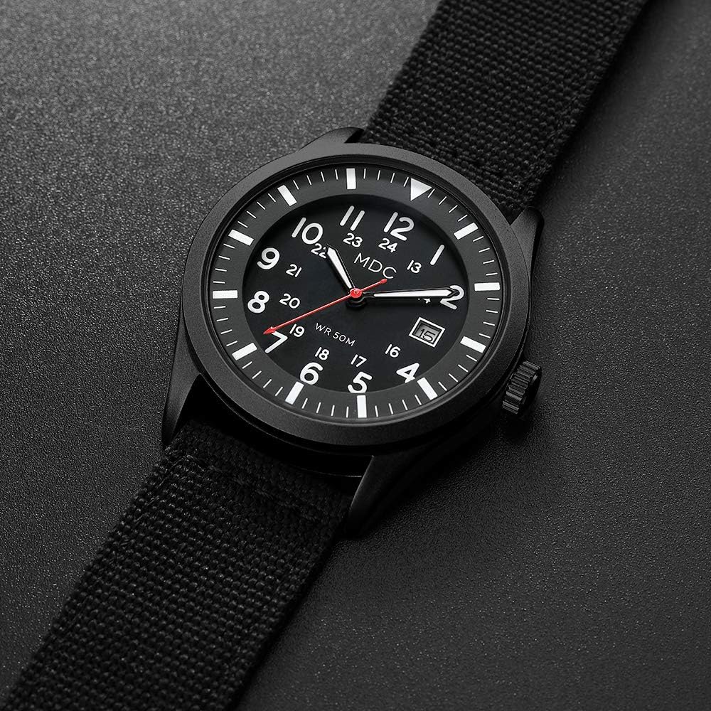 HOTInfantry Mens Military Field Watch, Easy Read Large Face, 12/24H Nylon Band | Tactical Analog Time, Date Window, Japanese Quartz, 5ATM Waterproof, Lightweight Breathable Strap, Work Outdoor Gift