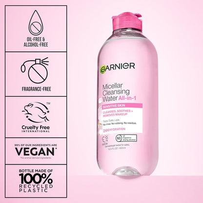 HOTGarnier Micellar Water, Hydrating Facial Cleanser & Makeup Remover, Suitable for Sensitive Skin, Vegan, Cruelty Free, 13.5 Fl Oz (400mL), 2 Count