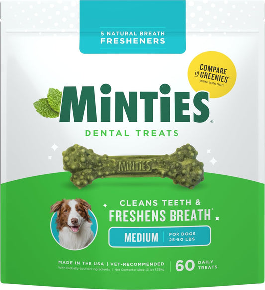 HOTMinties Dental Chews for Dogs, 60 Count, Vet-Recommended Mint-Flavored Dental Dog Treats for Medium Dogs, Bones Clean Teeth, Fight Bad Breath, and Removes Plaque and Tartar