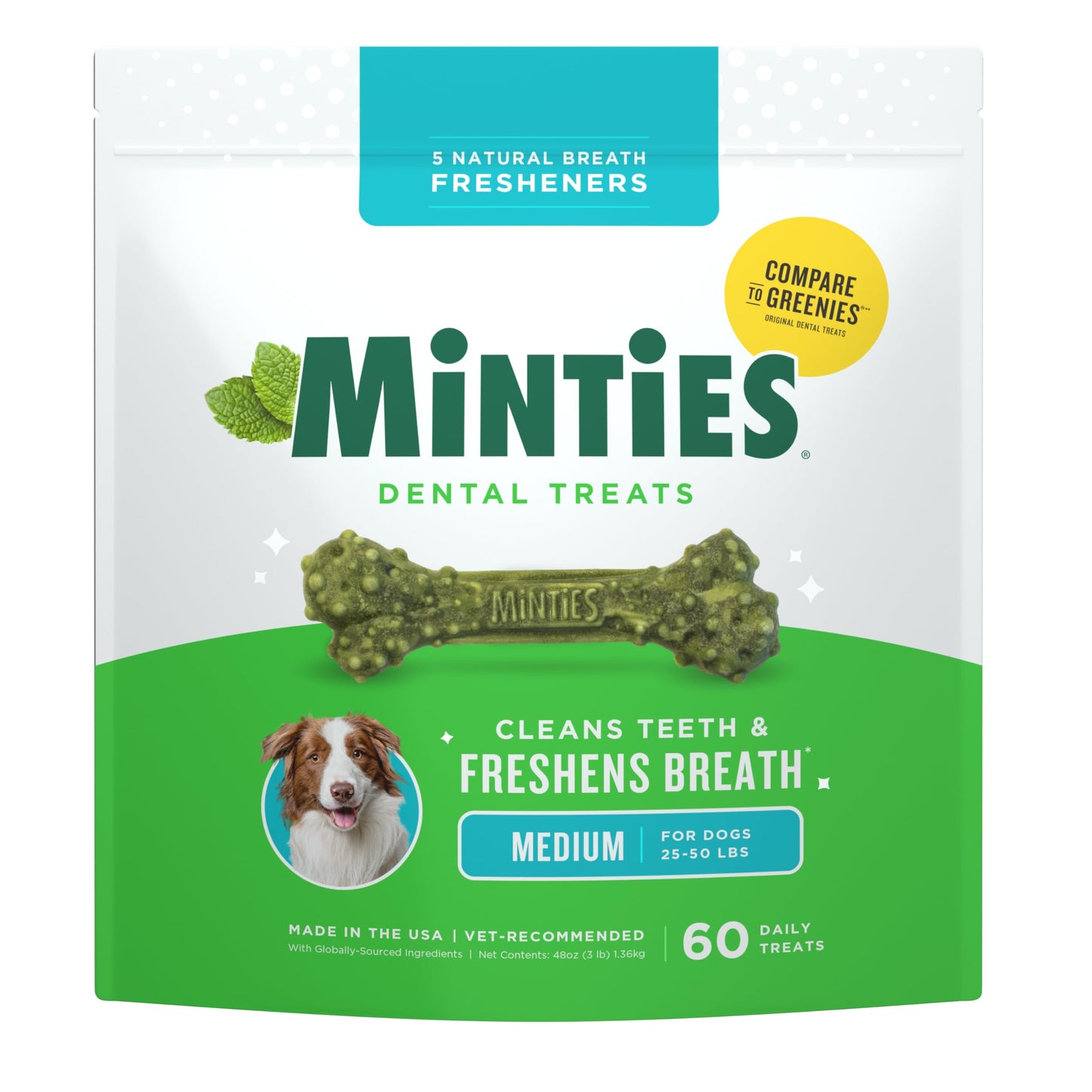 HOTMinties Dental Chews for Dogs, 60 Count, Vet-Recommended Mint-Flavored Dental Dog Treats for Medium Dogs, Bones Clean Teeth, Fight Bad Breath, and Removes Plaque and Tartar