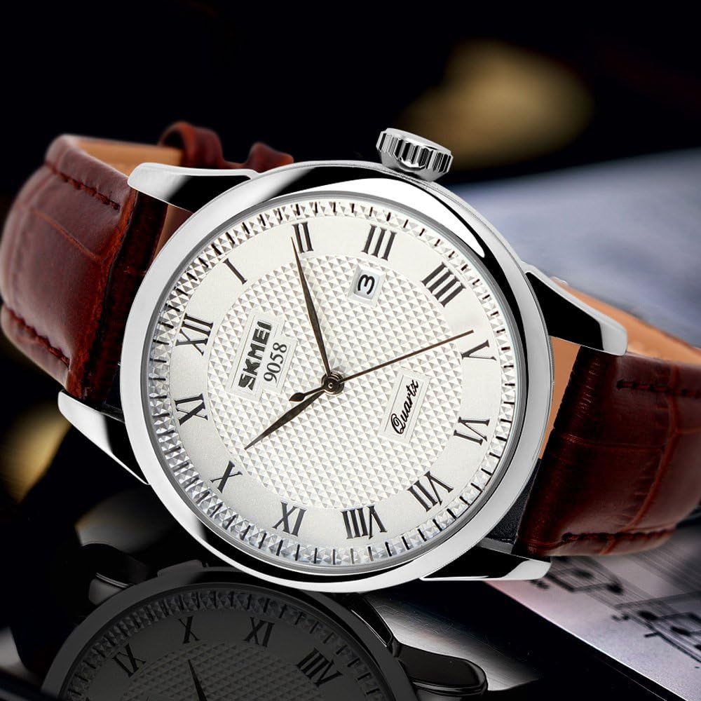 HOTSKMEI Business Men’s Quartz Wristwatches Roman Numeral Leather Band Casual Water Resist Analog Watches