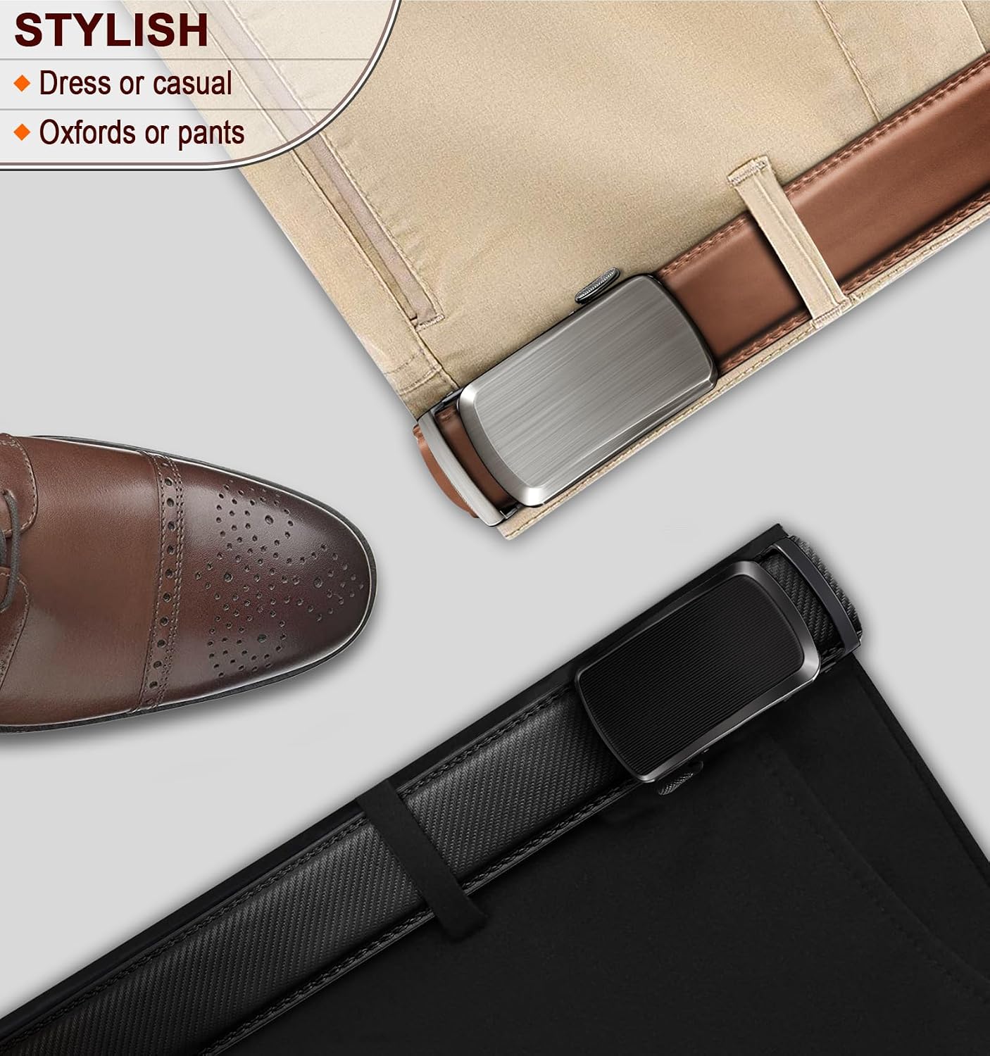 HOTBULLIANT Men Belts 2 Pack,Ratchet Sliding Belt Adjustable For Gift Mens Dress Casual 1 3/8",Cut for Fit