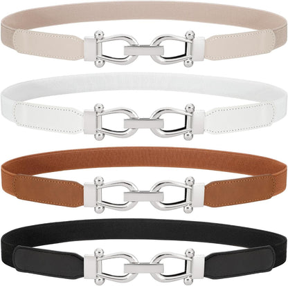 HOTWERFORU 4 Pack Women Skinny Elastic Waist Belt Gold Buckle Stretchy Thin Belt for Jeans Dress