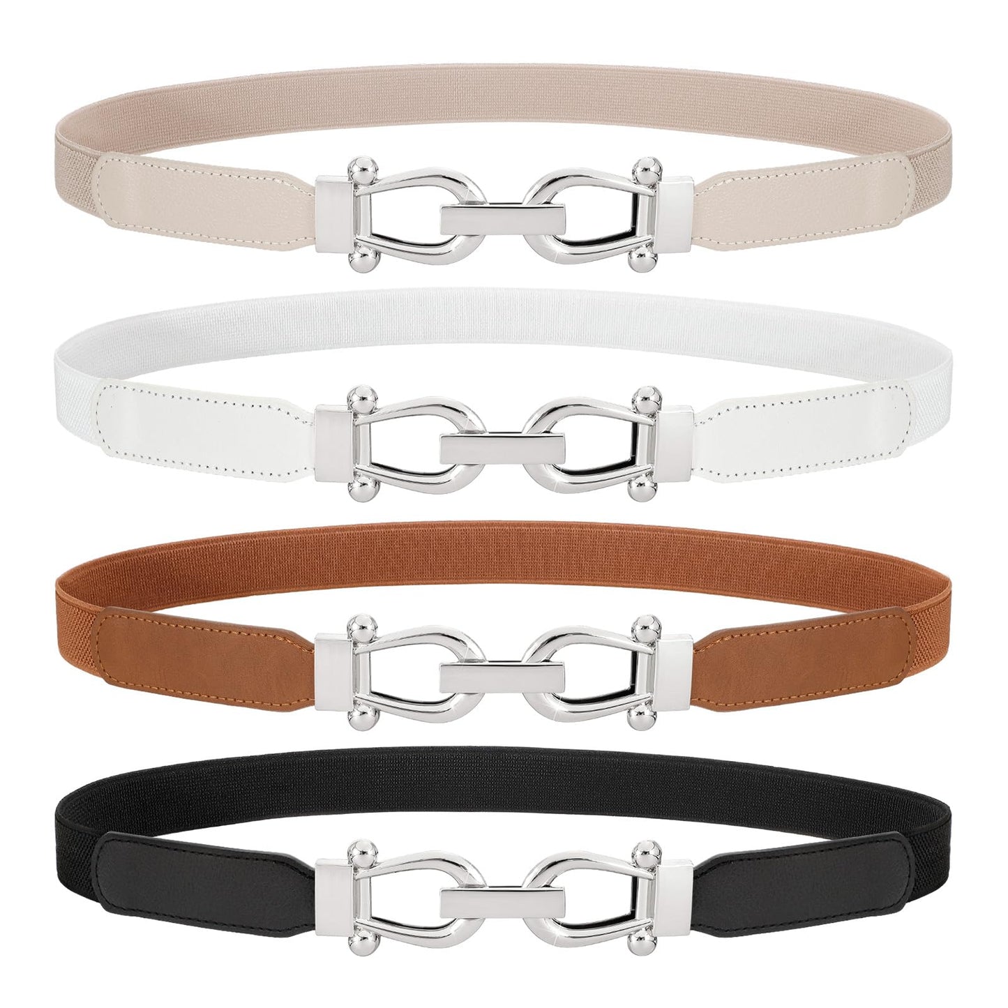 HOTWERFORU 4 Pack Women Skinny Elastic Waist Belt Gold Buckle Stretchy Thin Belt for Jeans Dress