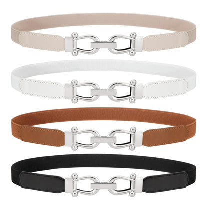 HOTWERFORU 4 Pack Women Skinny Elastic Waist Belt Gold Buckle Stretchy Thin Belt for Jeans Dress