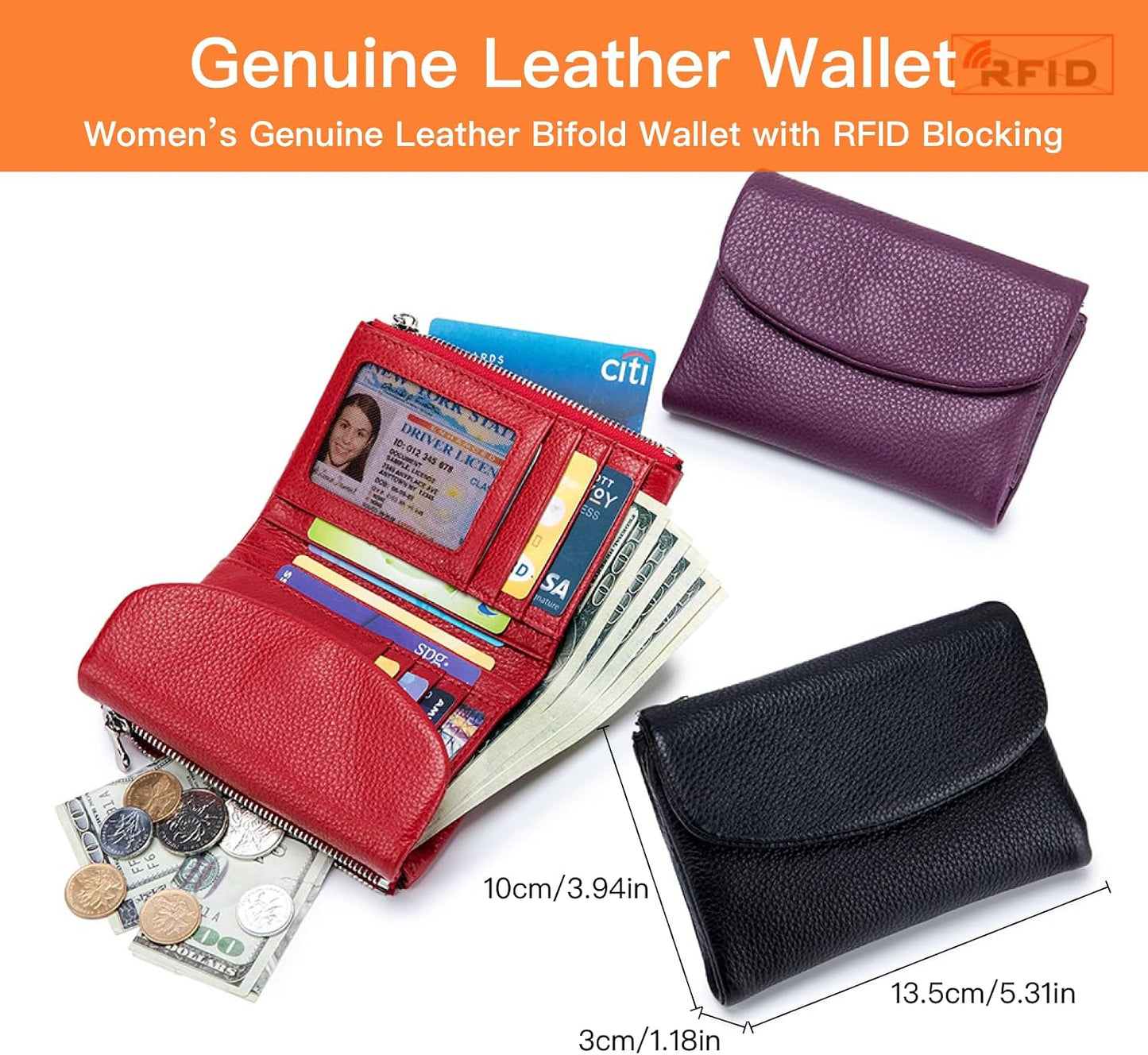 HOTGenuine Leather Wallet for women, RFID Blocking Soft Leather Bifold Compact Card Holder Wallet with Zipper Coin Pocket ID Window (Green)
