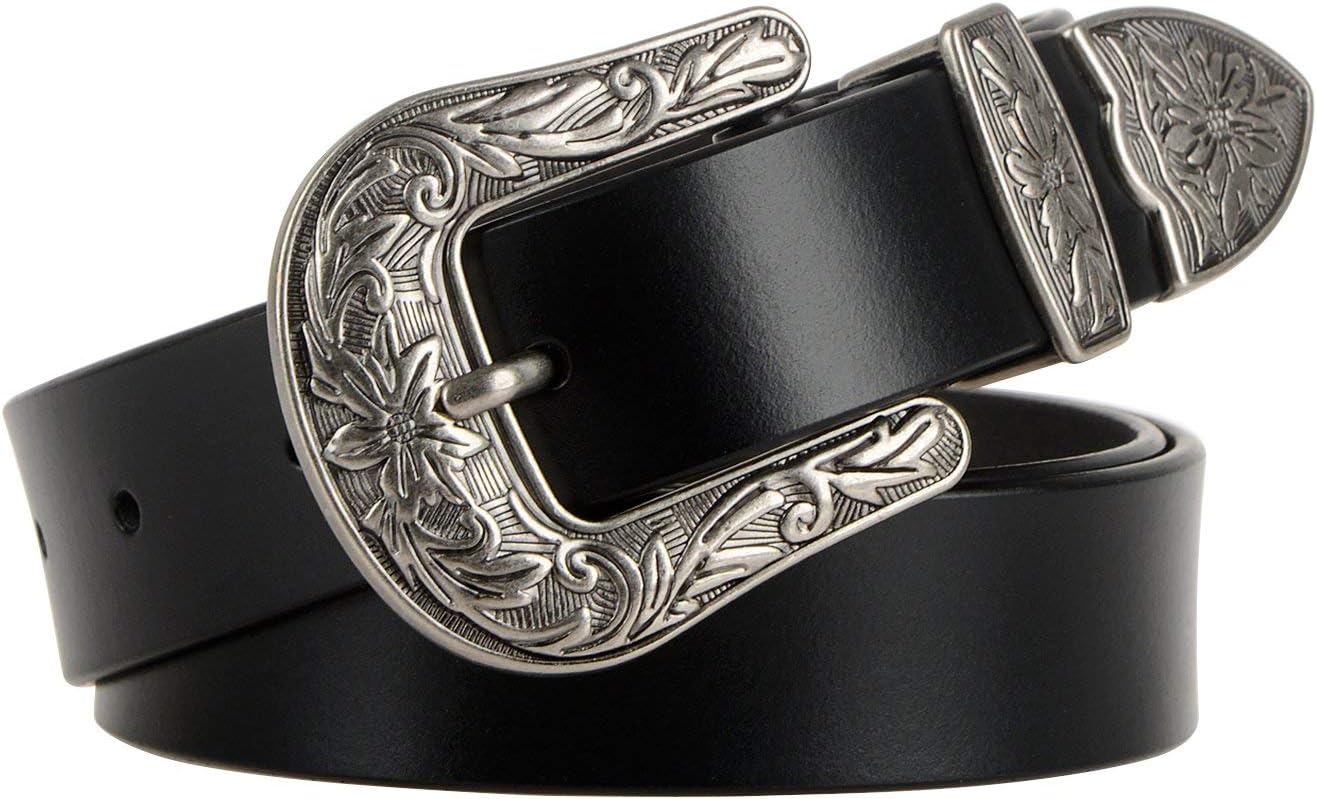 HOTJASGOOD Women Leather Belts Ladies Vintage Western Design Black Waist Belt for Pants Jeans Dresses