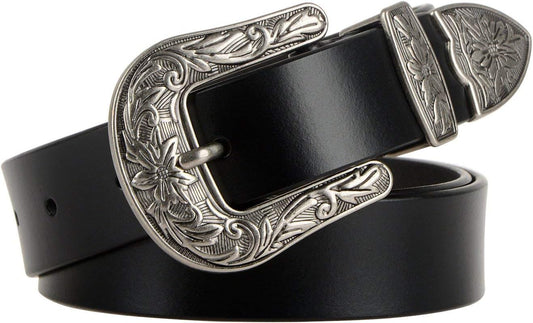 HOTJASGOOD Women Leather Belts Ladies Vintage Western Design Black Waist Belt for Pants Jeans Dresses