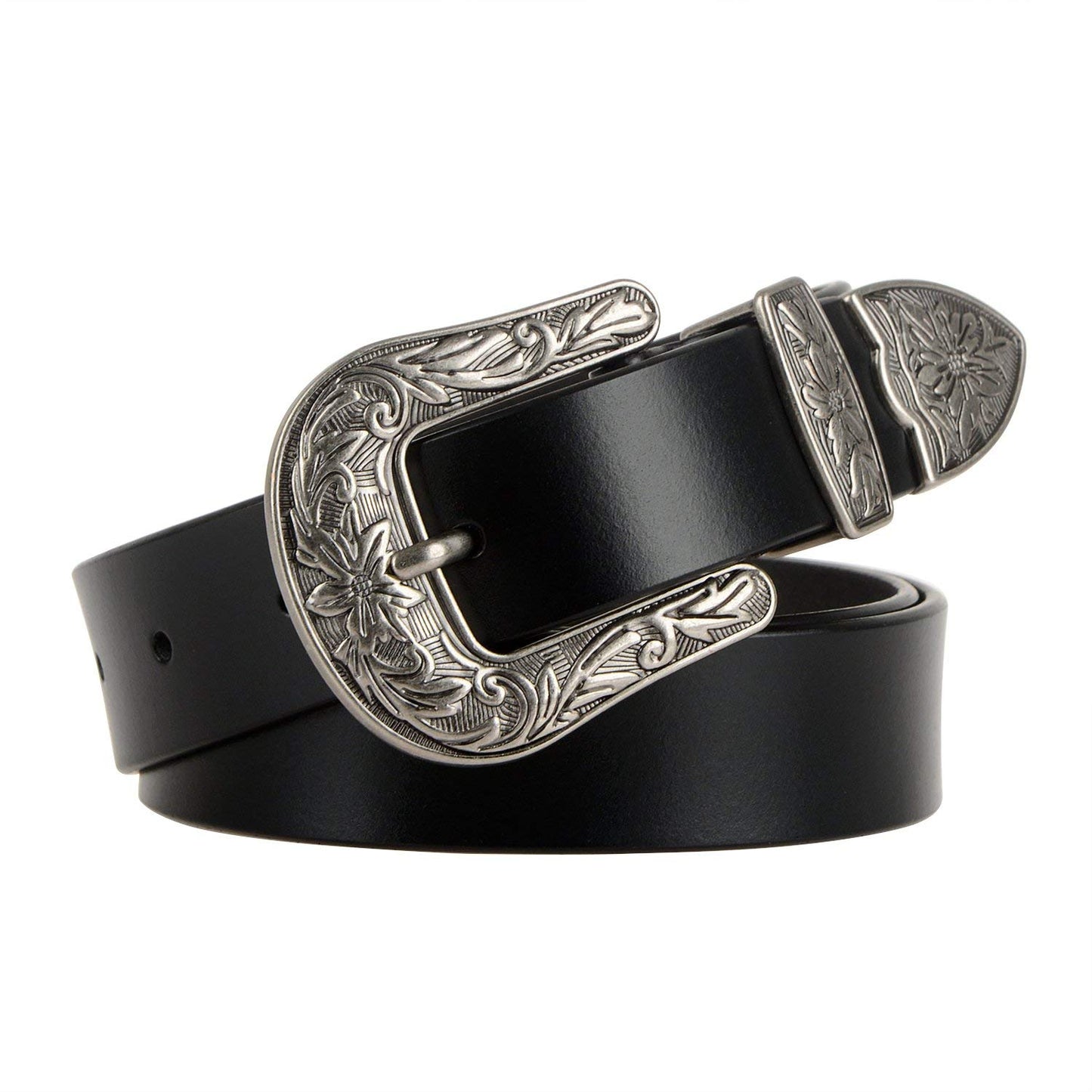 HOTJASGOOD Women Leather Belts Ladies Vintage Western Design Black Waist Belt for Pants Jeans Dresses