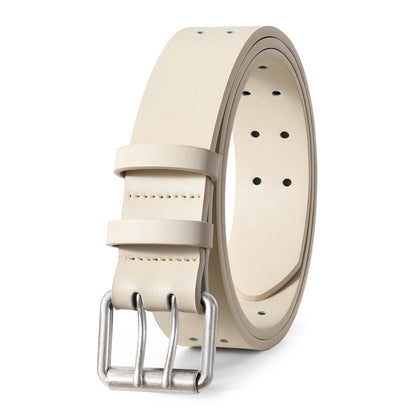 HOTJASGOOD Men Double Prong PU Leather Belt Casual Work Heavy Duty Belt Double Grommet Holes Belt for Jeans