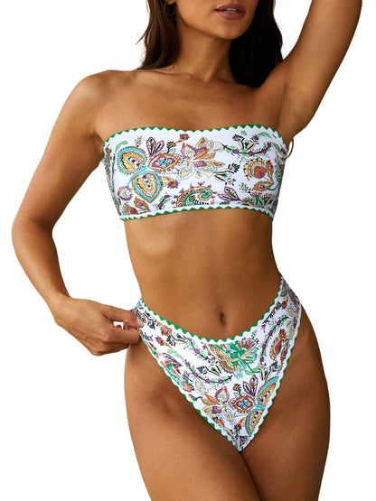 HOTZAFUL Women Strapless Bandeau Bikini 2 Piece Swimwear Lace up Bathing Suits | Strapless Textured Bikini Set Cheeky Solid Bandeau Bathing Suits