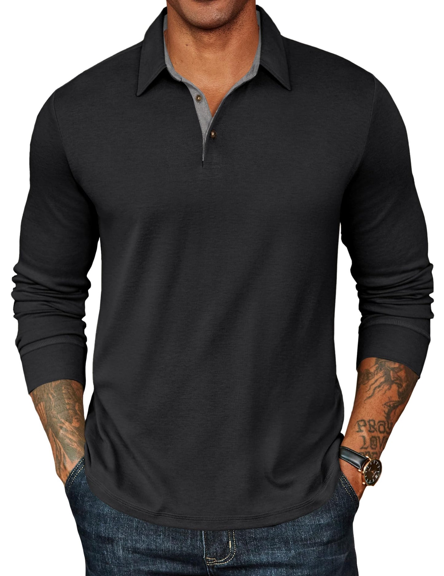 HOTCOOFANDY Mens Long Sleeve Polo Shirts Classic CasualButton Collared PoloTee