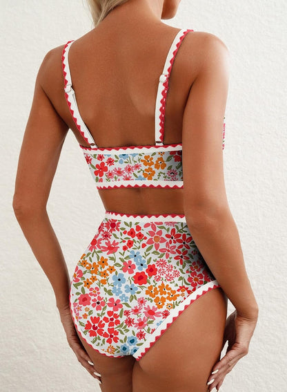 HOTHerseas Women's Bikini Sets Floral Print Whip Stitch 2 Piece Swimsuits High Waisted Scoop Bathing Suits