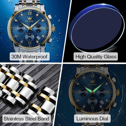 HOTOLEVS Men's Stainless Steel Chronograph Watch, Big Face Gold Silver Black Tone Easy to Read Analog Quartz Watch, Luxury Waterproof Date Diamond Roman Arabic Numerals Dial Dress Watch for Men