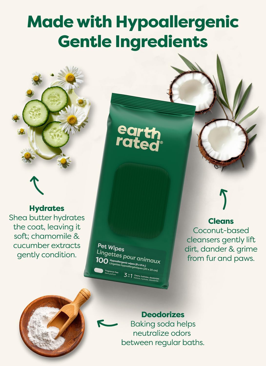 HOTearth rated Pet Wipes for Dogs and Cats, Hypoallergenic, Cleaning and Hydrating, for Grooming Paws, Body and Butt, Unscented, 400 Count