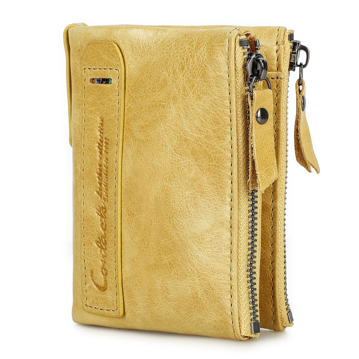HOTCONTACTS Soft Leather Wallet for Women Small Bifold Coin Purse Double Zipper Card Holder with RFID Blocking (Rose Tan)