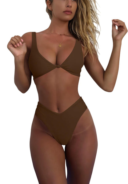 HOTgeluboao Bikini Set for Women Solid V Neck Knot Front Push Up High Leg Thong Two Piece Swimsuit