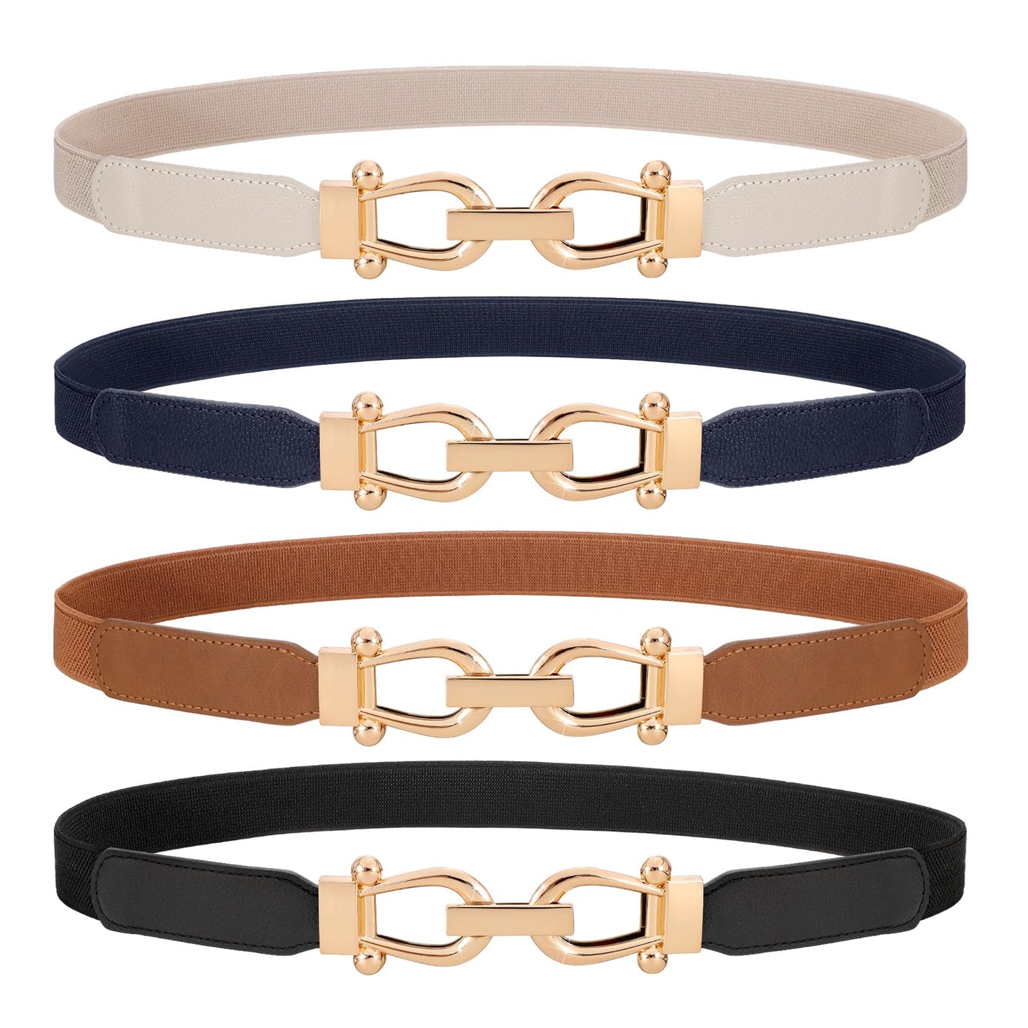HOTWERFORU 4 Pack Women Skinny Elastic Waist Belt Gold Buckle Stretchy Thin Belt for Jeans Dress